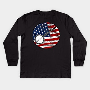 Banjo USA Flag Banjoist Folk Musician 4th July Kids Long Sleeve T-Shirt